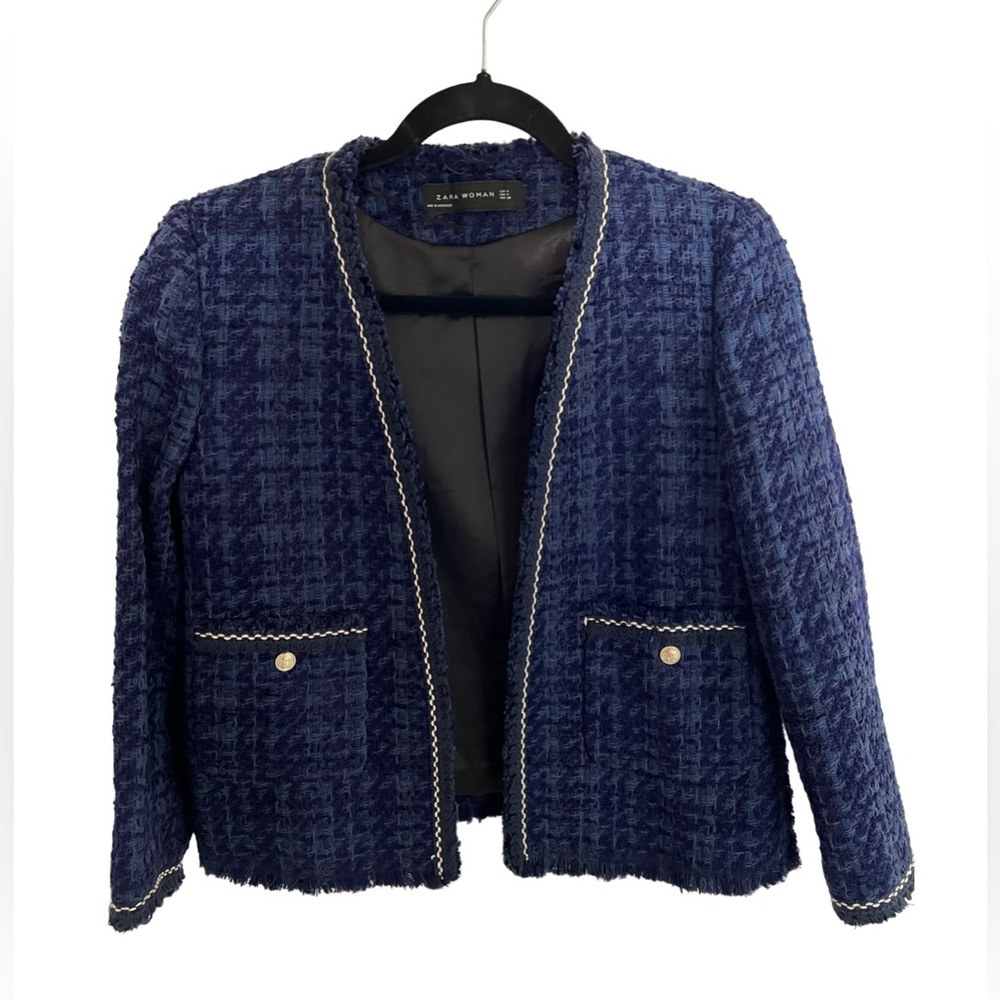 Zara Navy Tweed Blazer with Gold Buttons - Picture 7 of 10